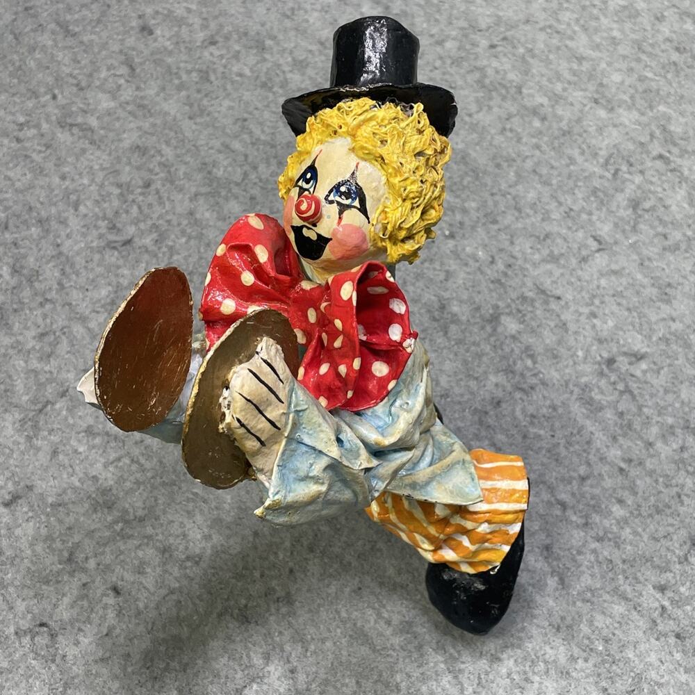 Vtg c.1965 Papier-mâché Clown Artist Germrdo Mexico Made Cymbals Top Hat Bow Tie